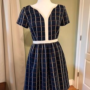 Modcloth Navy Windowpane Midi Dress with Cream Trim